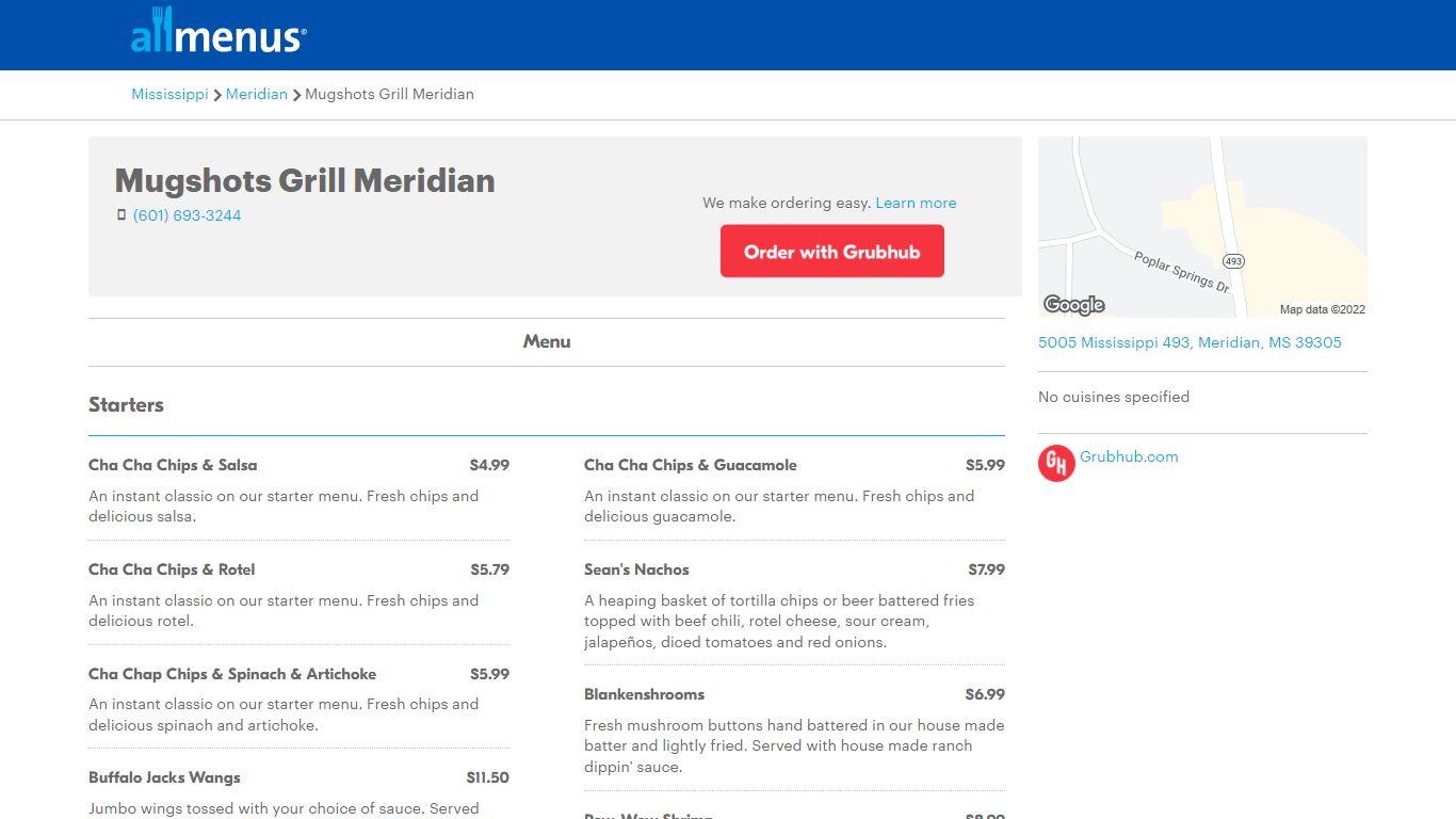Mugshots Grill Meridian menu - Meridian MS 39305 - (877) 585-1085